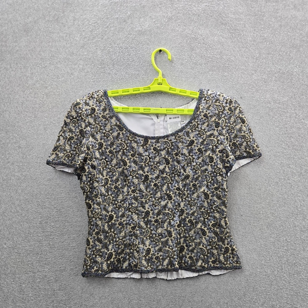 Adrianna Papell Women Blouse 8P Petite Polyester Silk Paisley Gold Beaded